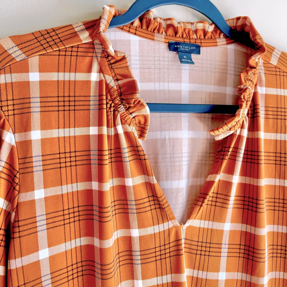 Ann Taylor Factory Pumpkin Color Flannel Print Blouse